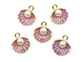 Five seashell-shaped jewelry charms with gold-tone metal edges, purple enamel detailing, and a white faux pearl in the center, arranged on a plain white background.