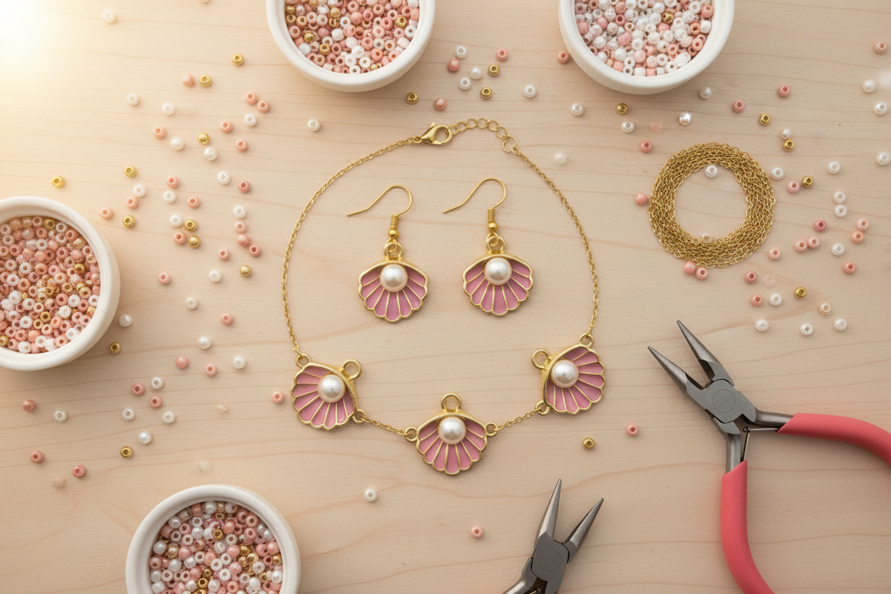 A jewelry set featuring a gold necklace and matching drop earrings with purple scallop shell charms and white pearl centers, arranged on a light wood surface with beads, pliers, and small bowls of beads.