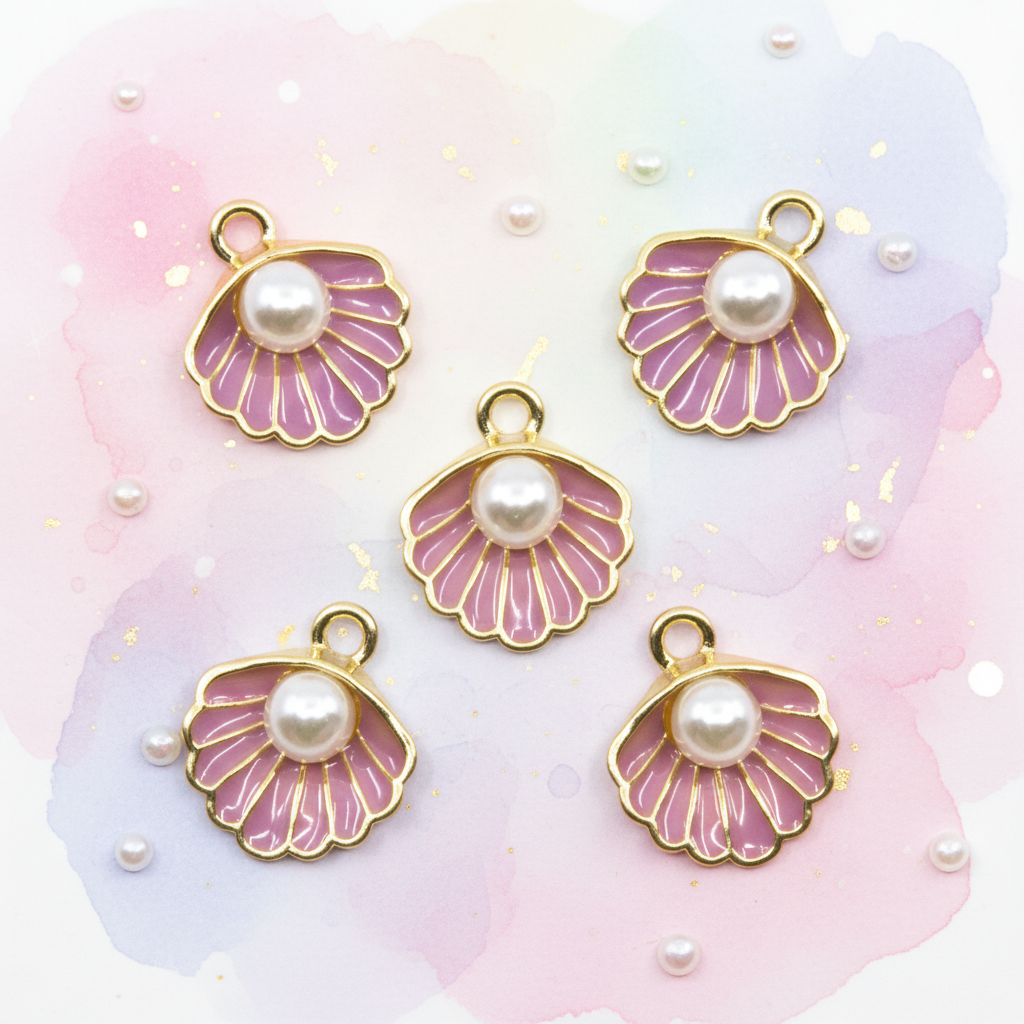 Five clam shell-shaped jewelry charms with purple enamel and white faux pearls, arranged on a pastel watercolor background with small pearl embellishments.