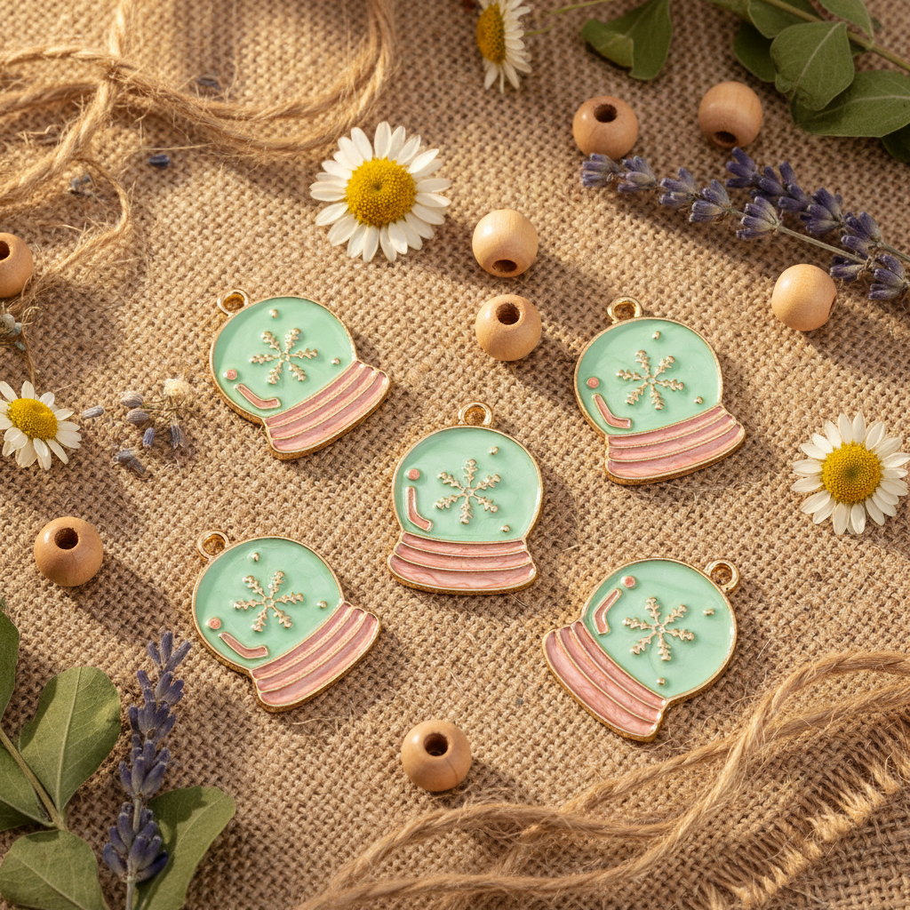 Five snow globe-shaped jewelry charms with blue enamel, pink bases, and gold-tone metal borders, arranged on a burlap fabric with daisies, lavender, and wooden beads.