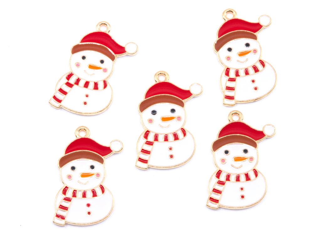 Five Christmas snowman charms with red and white striped scarves and red Santa hats, arranged on a plain white background.