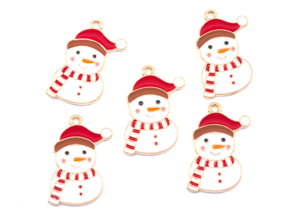Five Christmas snowman charms with red and white striped scarves and red Santa hats, arranged on a plain white background.