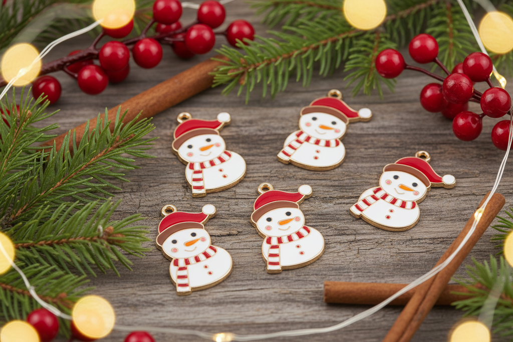 Five small snowman-shaped enamel charms with red hats and scarves are arranged on a rustic wooden surface, surrounded by evergreen branches, red berries, cinnamon sticks, and warm string lights.