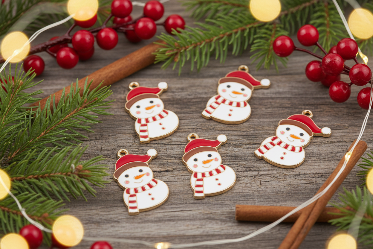 Five small snowman-shaped enamel charms with red hats and scarves are arranged on a rustic wooden surface, surrounded by evergreen branches, red berries, cinnamon sticks, and warm string lights.