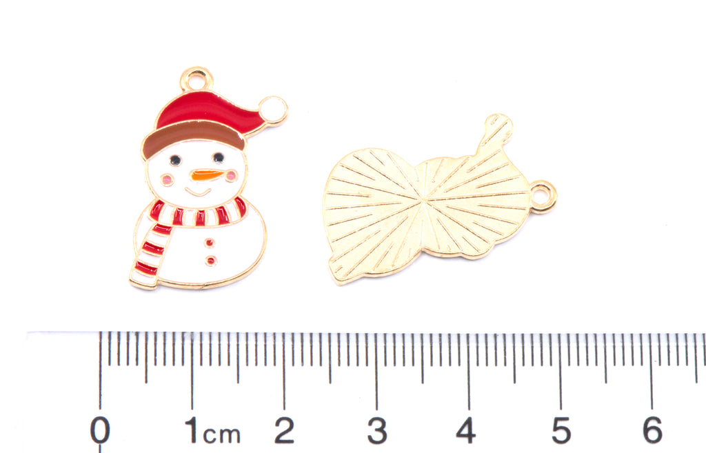 Two snowman with Santa hats and red scarf  jewelry charms shown on a white background with a ruler at the bottom for scale: 