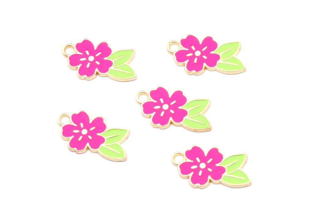 Tropical Flower Enamel Charms - Lot of Five - Pink and Red