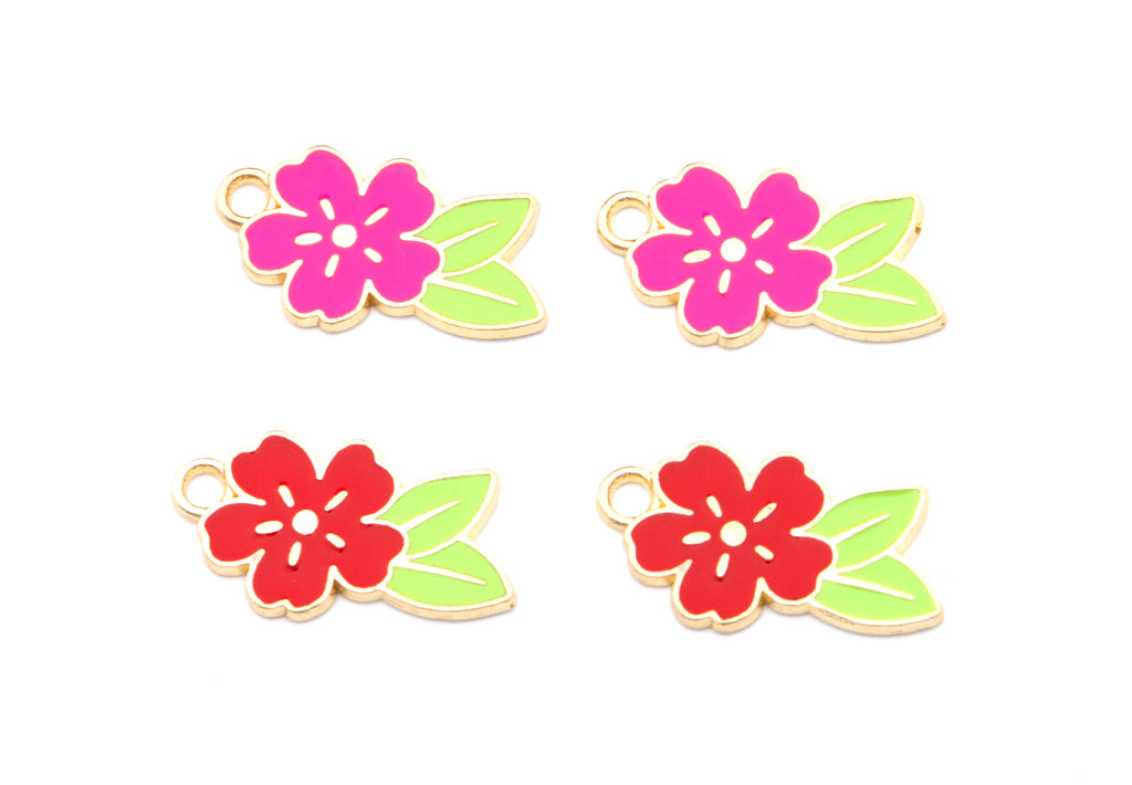Tropical Flower Enamel Charms - Lot of Five - Pink and Red