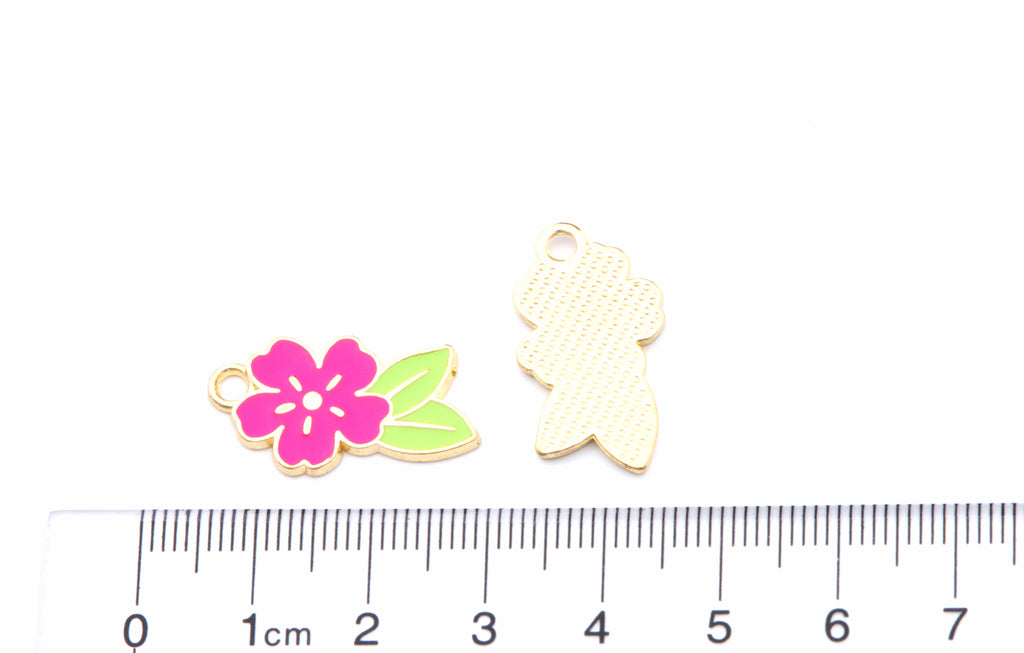 Tropical Flower Enamel Charms - Lot of Five - Pink and Red