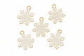 Five white snowflake-shaped jewelry charms with gold-tone loops at the top, arranged on a white background.