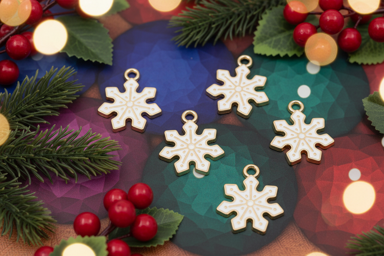 Five white snowflake-shaped Christmas ornaments with gold-toned metal loops, arranged on a colorful geometric background with pine branches and red berries.