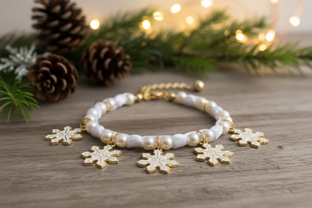 A beaded bracelet with white pearl-like beads, gold-toned links, and five dangling snowflake charms, displayed on a wooden surface with pine branches, pinecones, and warm string lights in the background.