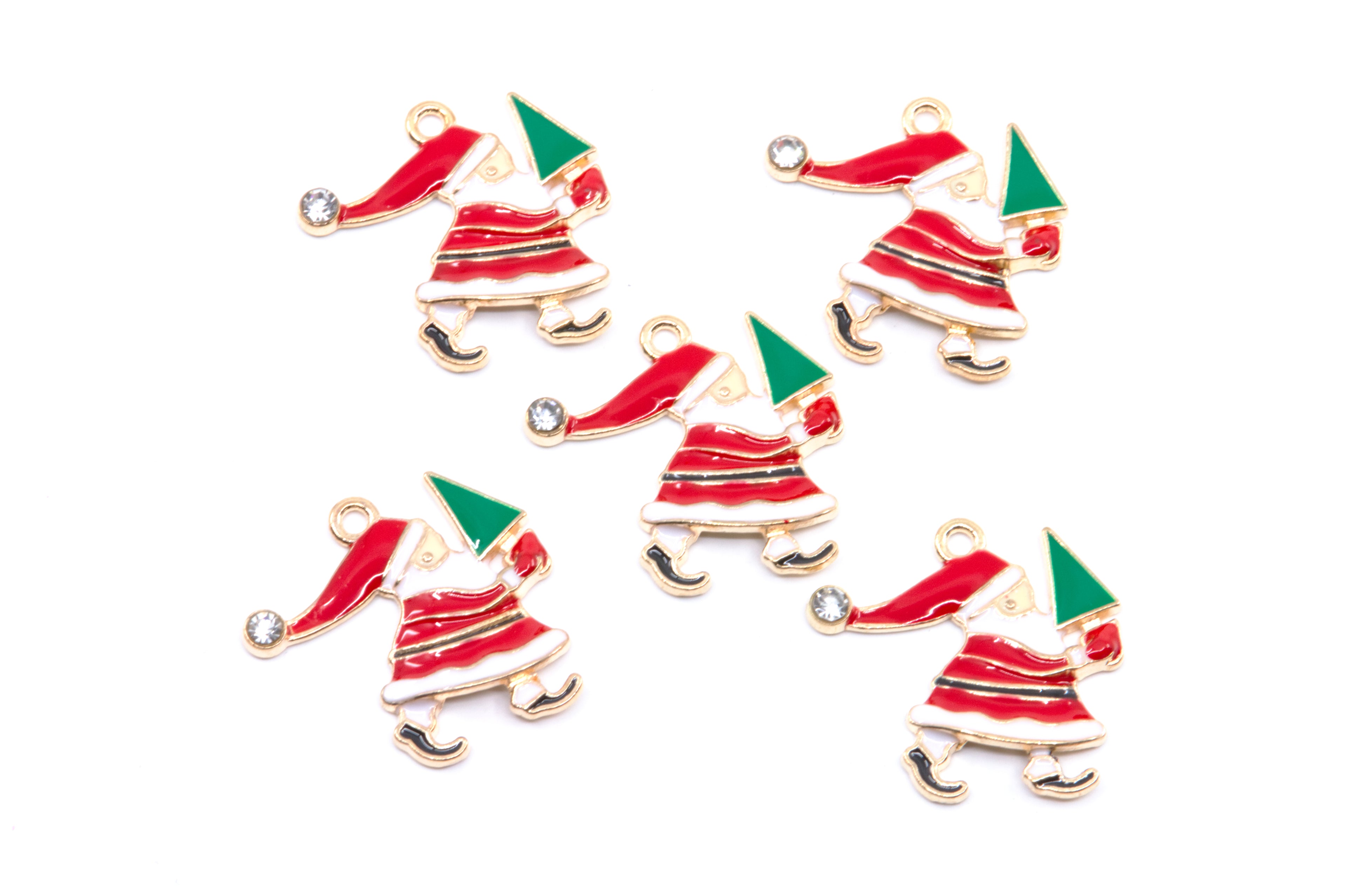 Five Christmas-themed charms shaped like Santa Claus carrying a green tree, featuring red and white clothing on a white background. 