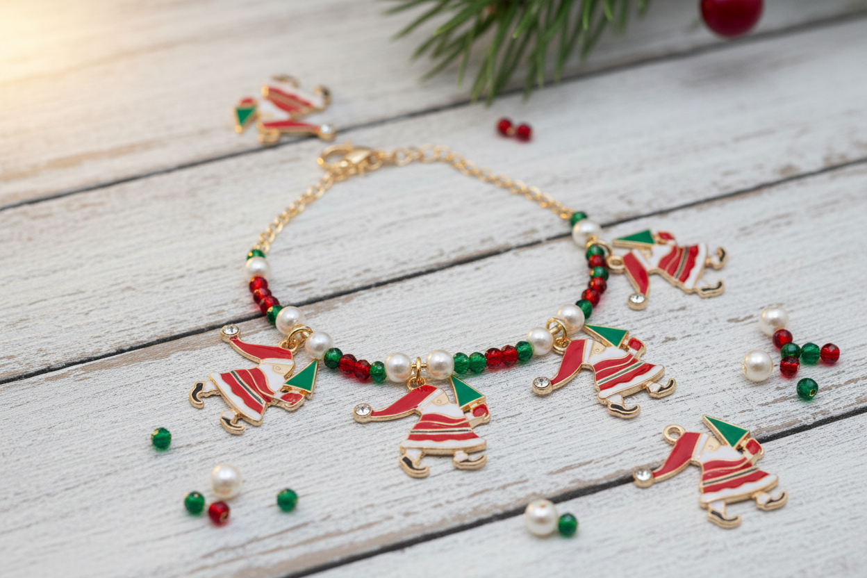 A gold-tone holiday jewelry set featuring a beaded bracelet with red and green beads and Santa Clause charms, displayed on a white wooden surface.