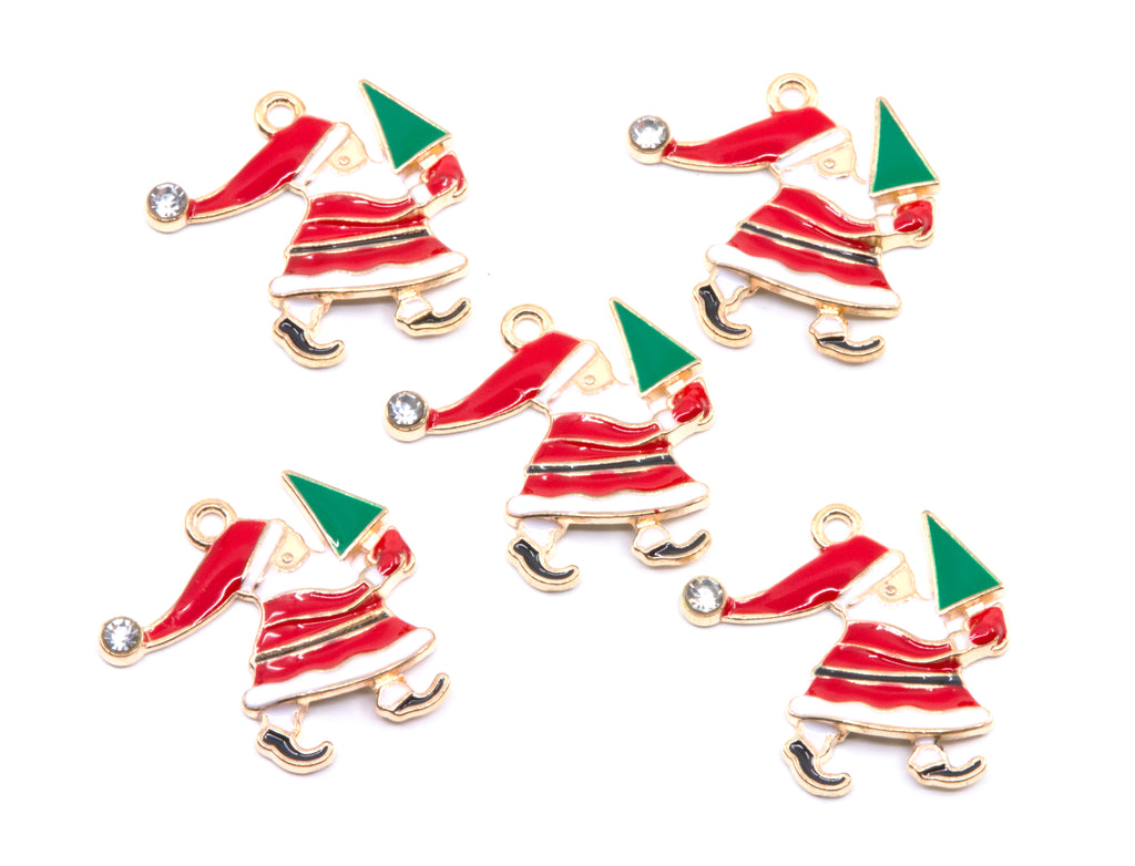 Five Christmas-themed charms shaped like Santa Claus carrying a green tree, featuring red and white clothing on a white background. 