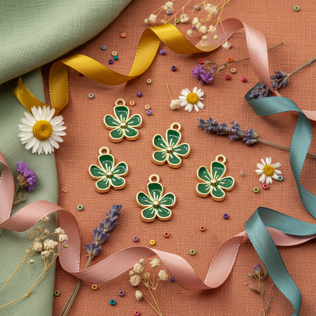 Five green flower-shaped jewelry charms with gold-tone edges are arranged on a textured terracotta surface, surrounded by pink and sage green ribbons, dried flowers, lavender, and small colorful beads.