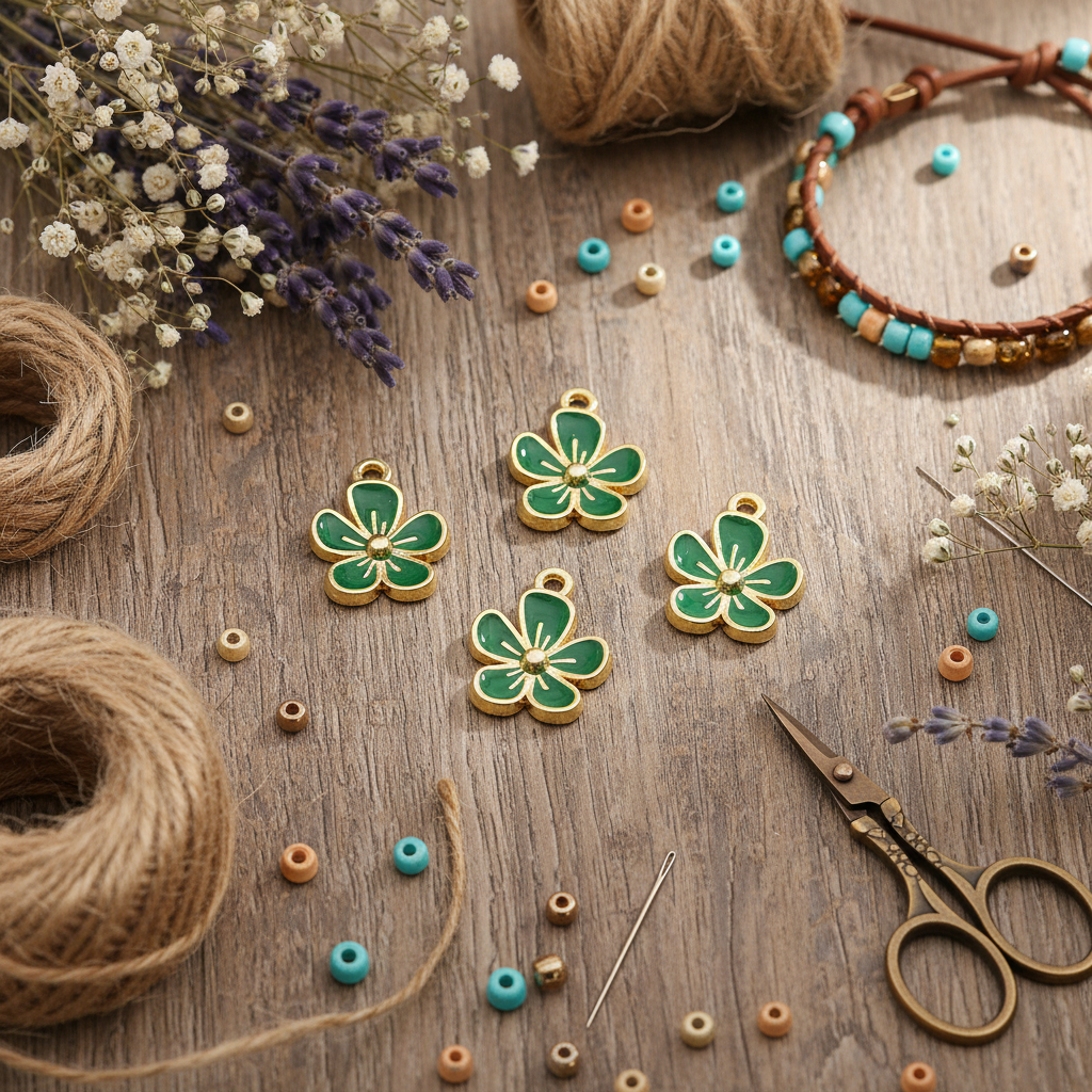 Four green and gold flower-shaped jewelry charms arranged on a rustic wooden surface with beads, twine, scissors, and dried flowers around them.