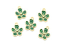 Five green enamel flower charms with gold-tone metal borders and loops, arranged on a plain white background.