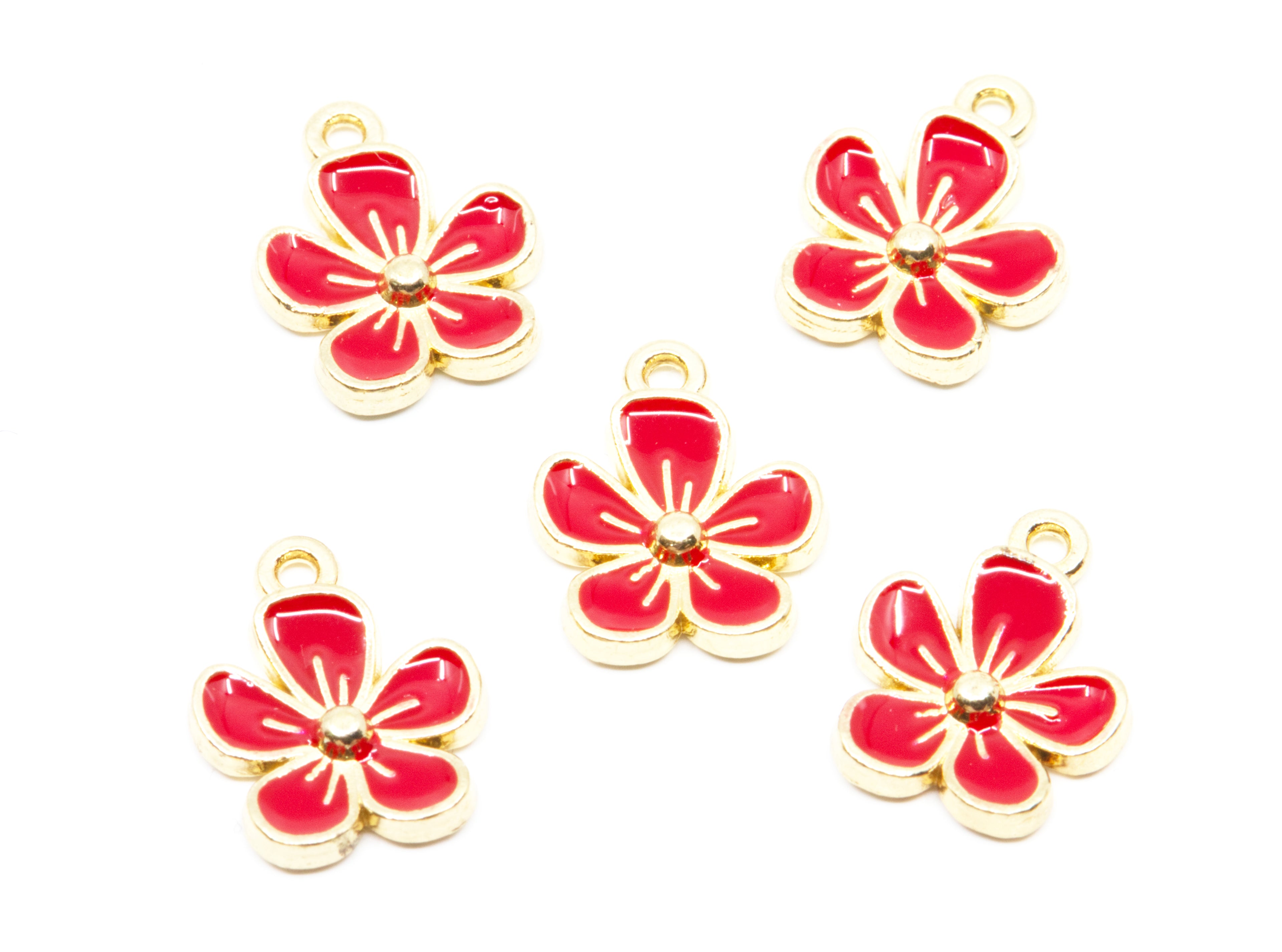 Five red and gold flower charms with small hanging loops, arranged on a plain white background.