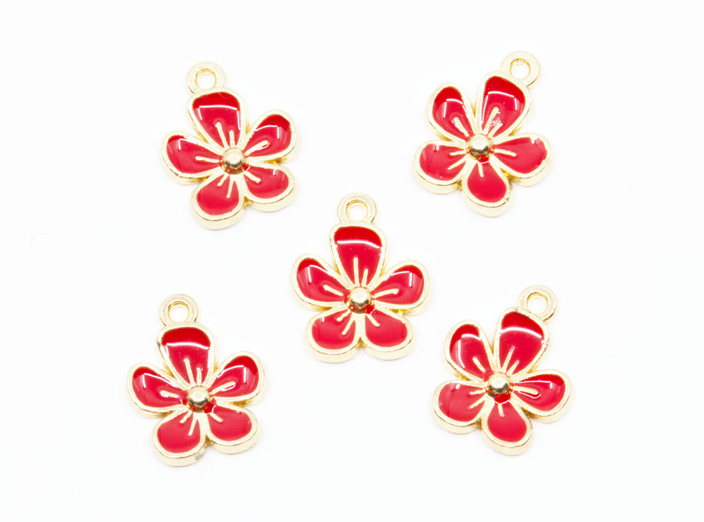Five red and gold flower charms with small hanging loops, arranged on a plain white background.