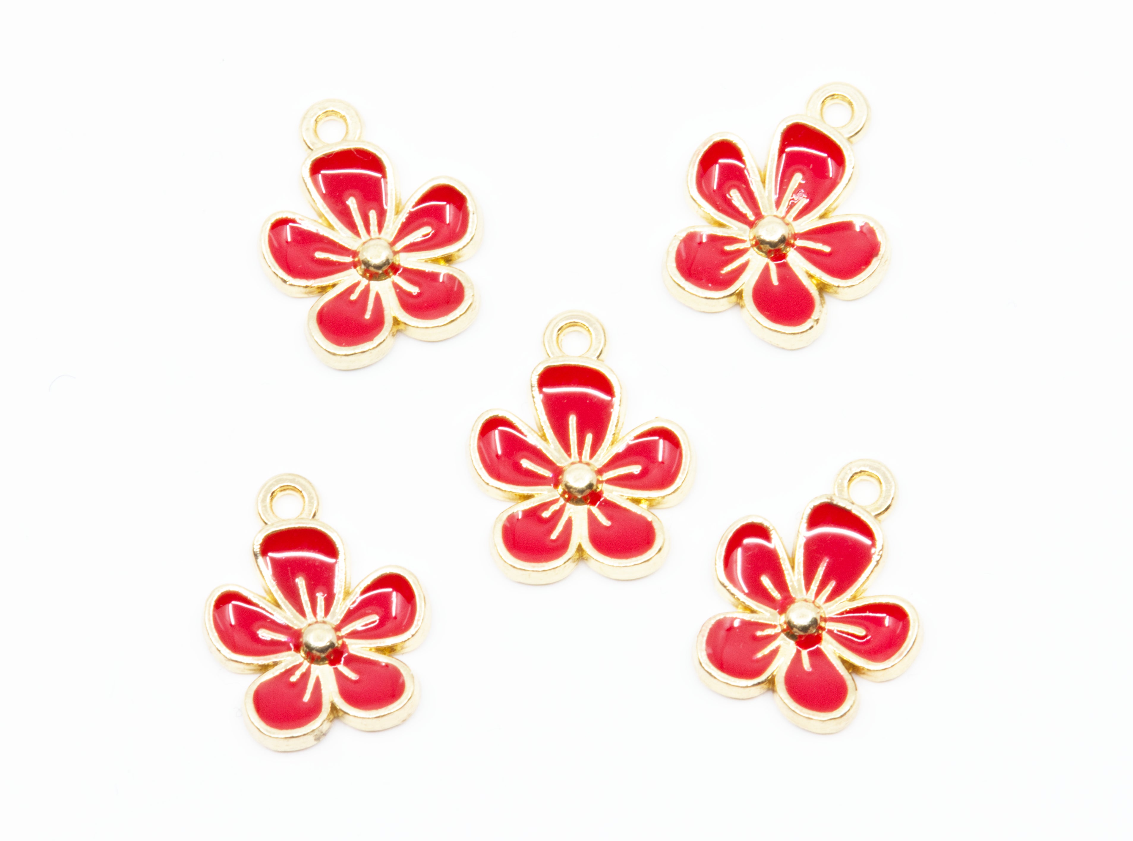 Five red and gold flower charms with small hanging loops, arranged on a plain white background.