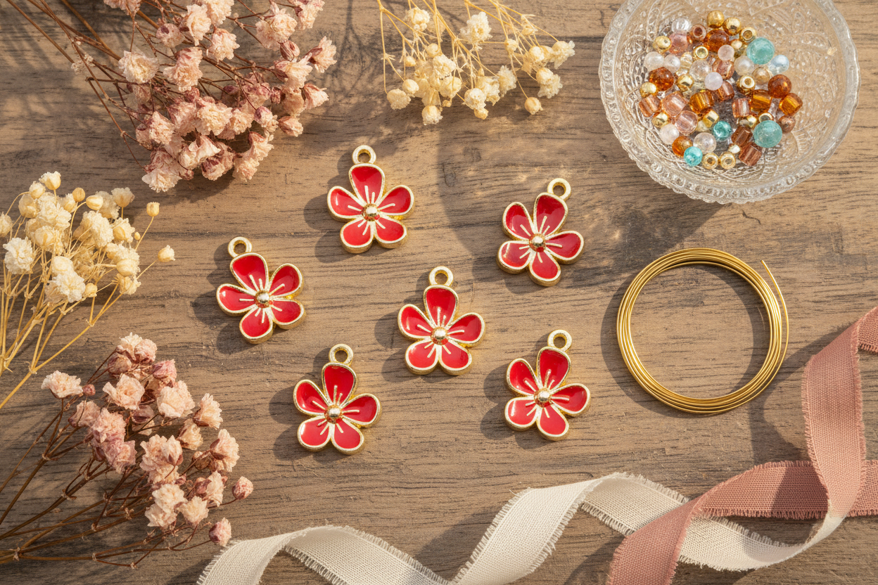 Six red and gold  flower charms are arranged on a rustic wooden surface, surrounded by dried flowers, a gold ring, a pink ribbon, and a small bowl of colorful beads.