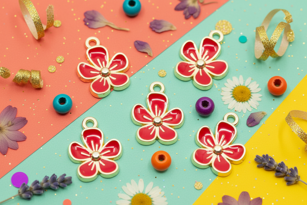 Five red and white enamel flower charms with gold-tone metal borders and central rhinestone accents, arranged on a diagonally split coral, mint, and yellow background with scattered decorative flower petals, beads, and ribbon.