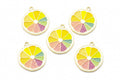 Five round enamel charms shaped like sliced citrus fruit, featuring yellow, green, pink, and purple segments with gold-tone metal borders on a white background.