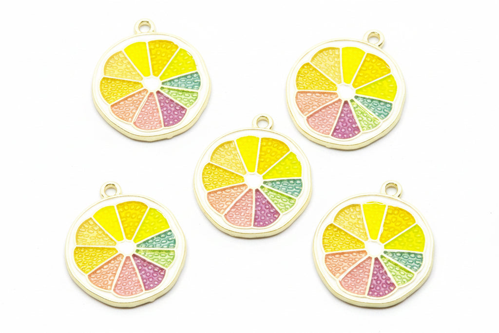 Five round enamel charms shaped like sliced citrus fruit, featuring yellow, green, pink, and purple segments with gold-tone metal borders on a white background.