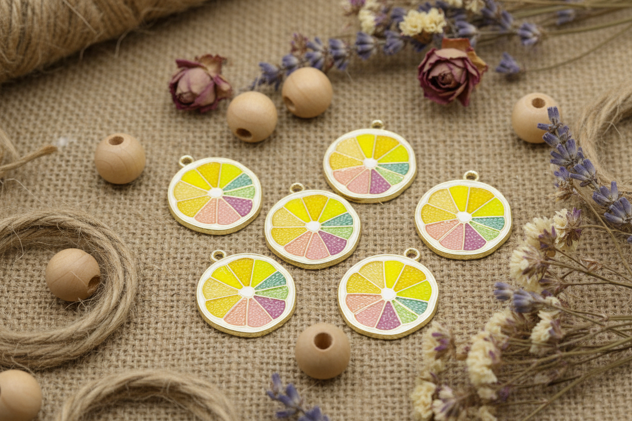 Six fruit slice enamel charms arranged on a burlap fabric background with wooden beads, twine, and dried flowers.