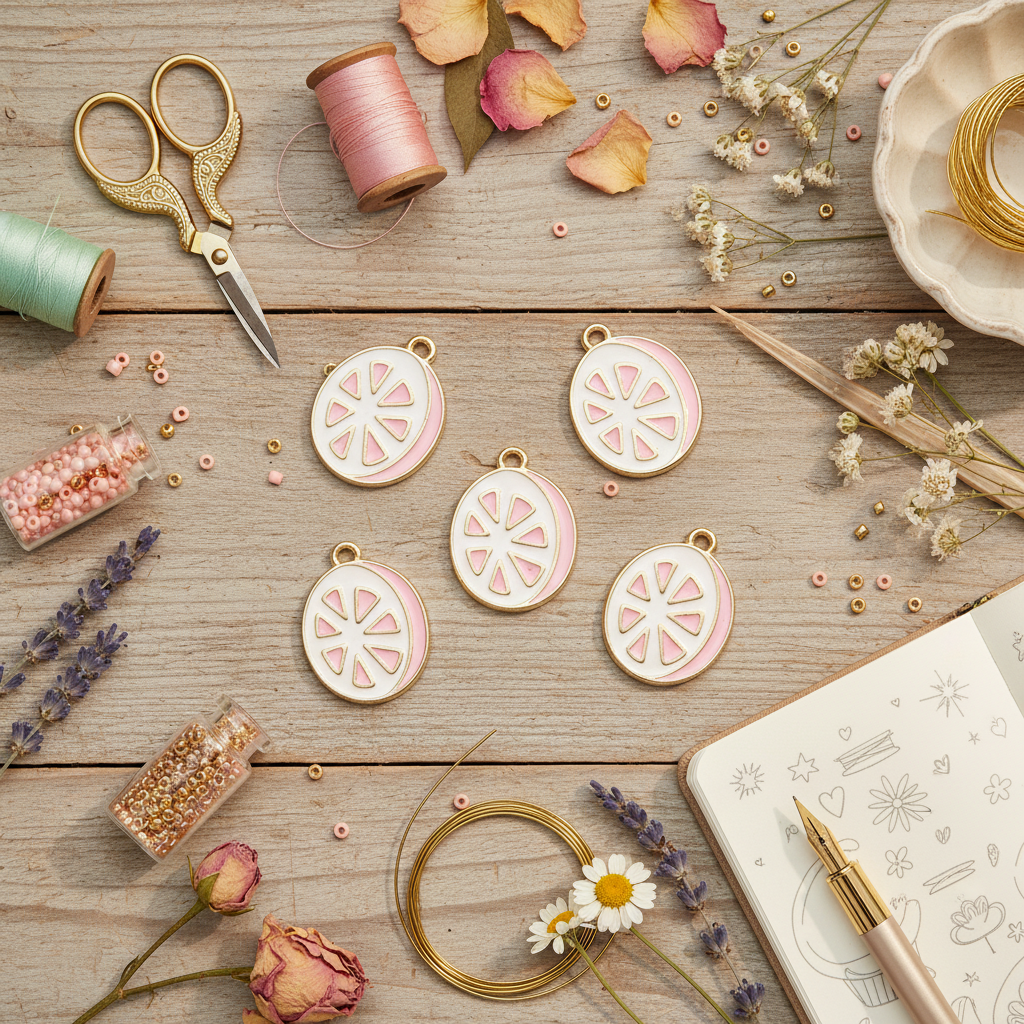 Five grapefruit jewelry charms with a pink and white design and gold-tone borders are arranged on a rustic wooden table surrounded by crafting supplies like scissors, thread, beads, dried flowers, and a notebook.