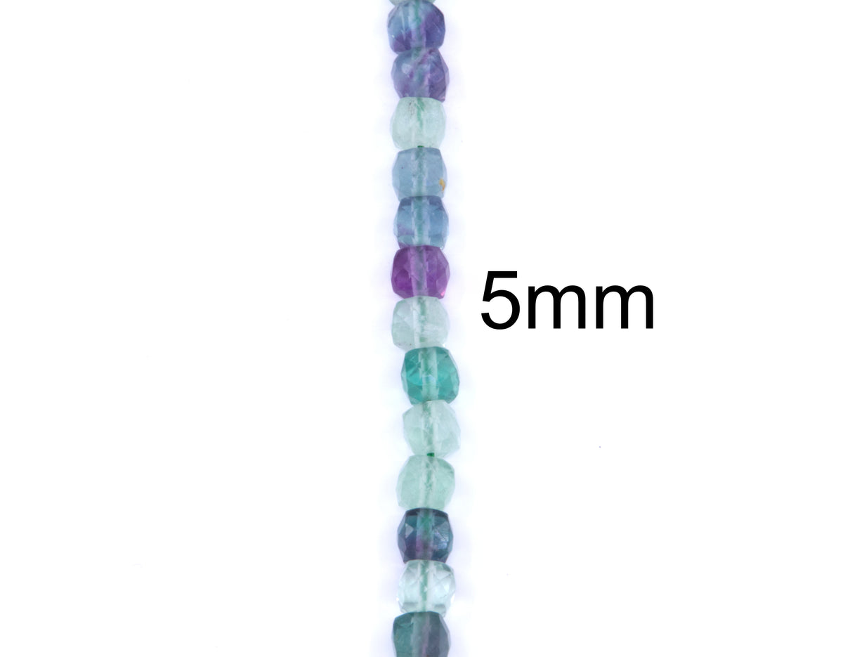 A single strand of faceted green fluorite gemstone beads in a multicolor gradient of purple, blue, green, and dark gray, shown vertically on a white background with a '5mm' size label.