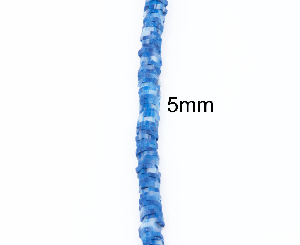 A single strand of blue and white polymer clay hexagon disc beads, shown vertically on a plain white background with the text '5mm' overlaid to indicate bead size.