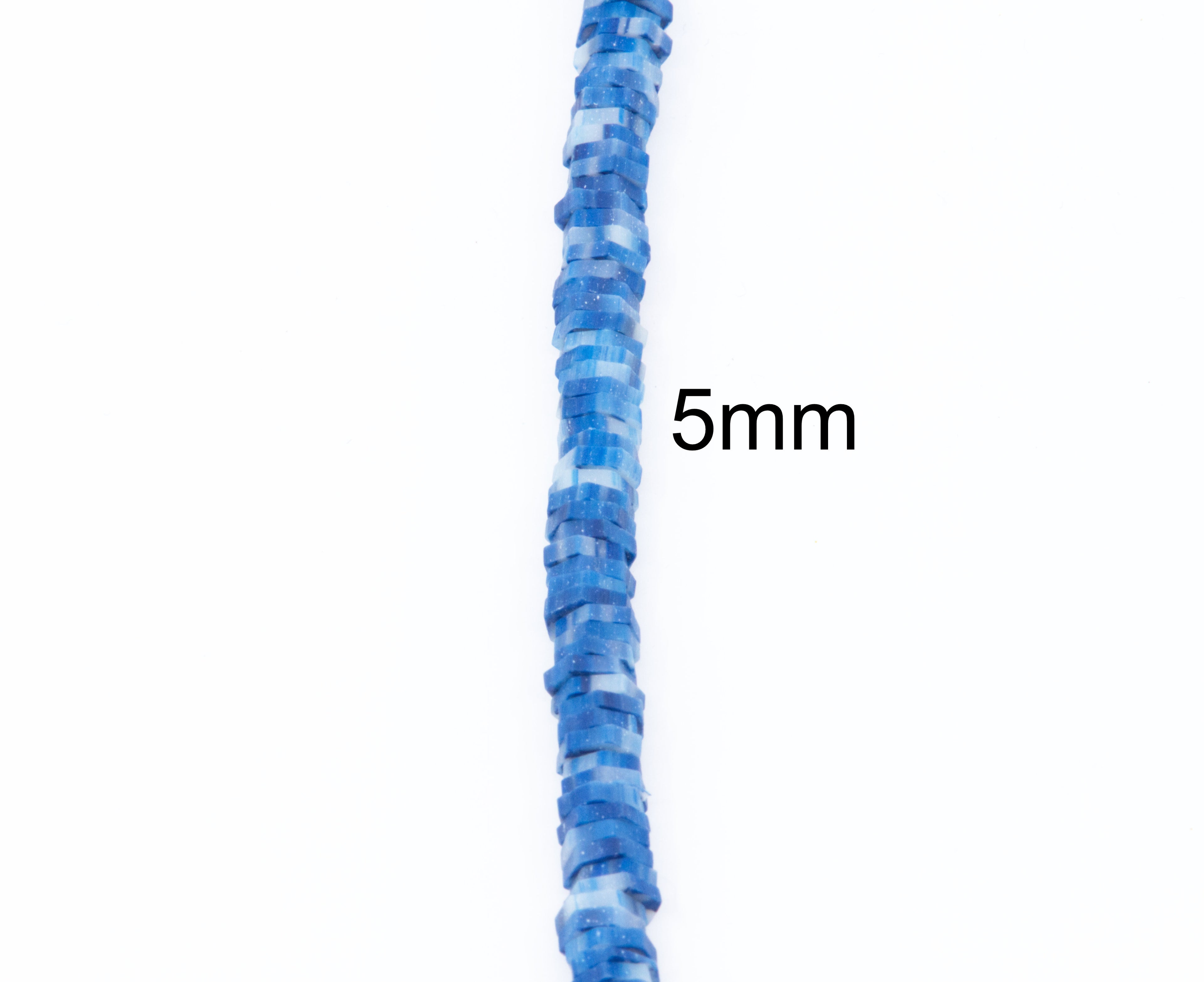 A single strand of blue and white polymer clay hexagon disc beads, shown vertically on a plain white background with the text '5mm' overlaid to indicate bead size.