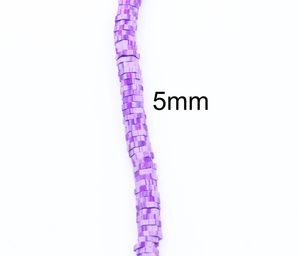 A single strand of purple polymer clay hexagon disc beads, shown vertically on a plain white background with the text '5mm' indicating the bead size.