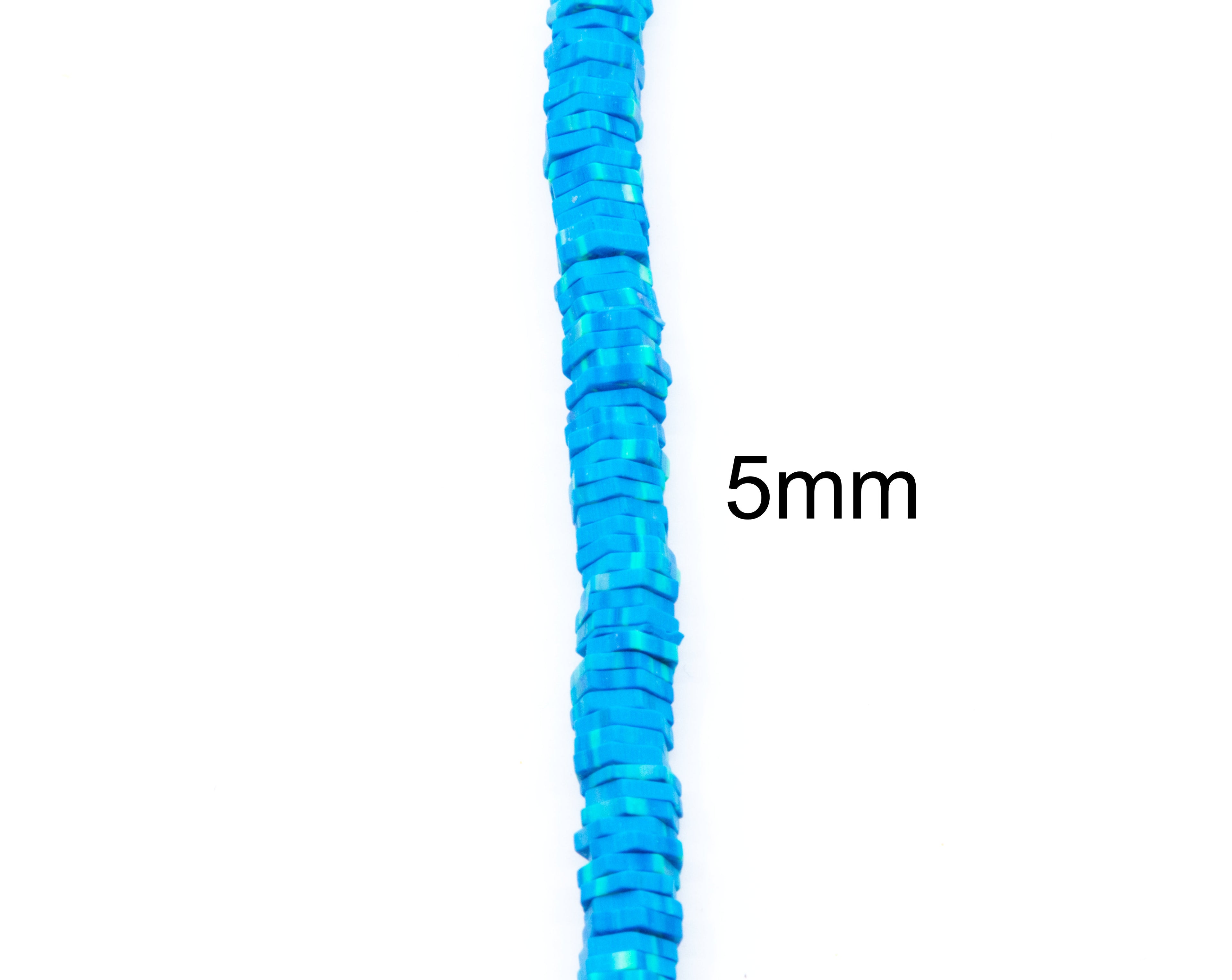 A close-up of a strand of bright blue polymer clay hexagon disc beads shown vertically on a white background, with the text '5mm' indicating the segment width.