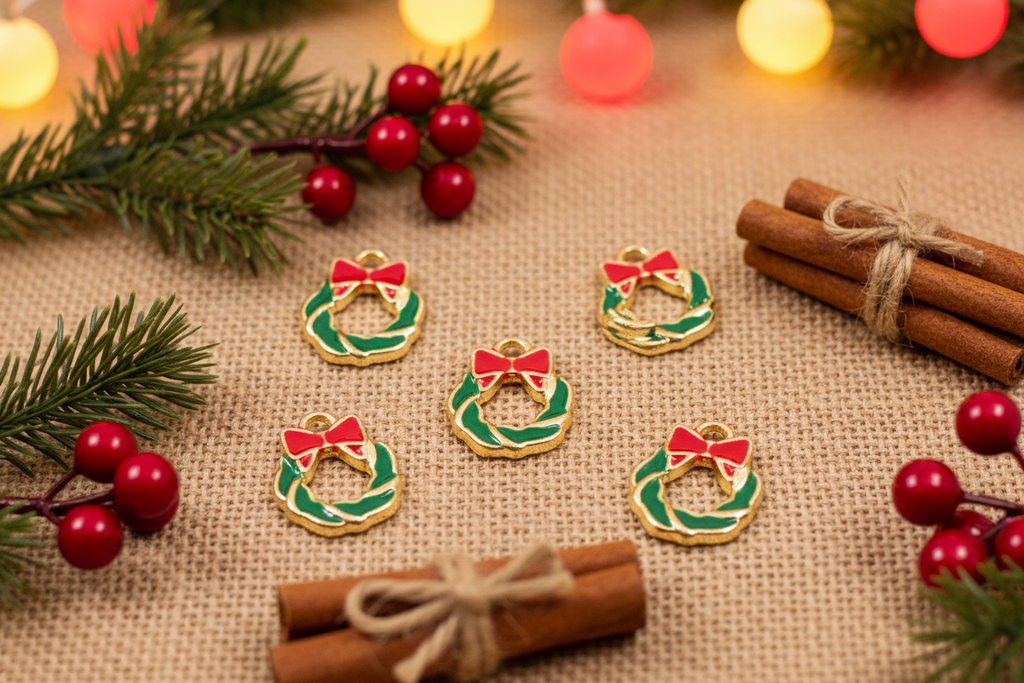 Five small gold wreath-shaped charms with green enamel, red bow details, and white accents are arranged on a burlap surface with Christmas greenery, red berries, cinnamon sticks, and warm blurred lights in the background.