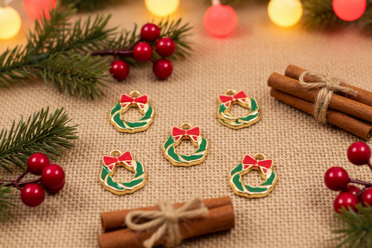 Five small gold wreath-shaped charms with green enamel, red bow details, and white accents are arranged on a burlap surface with Christmas greenery, red berries, cinnamon sticks, and warm blurred lights in the background.