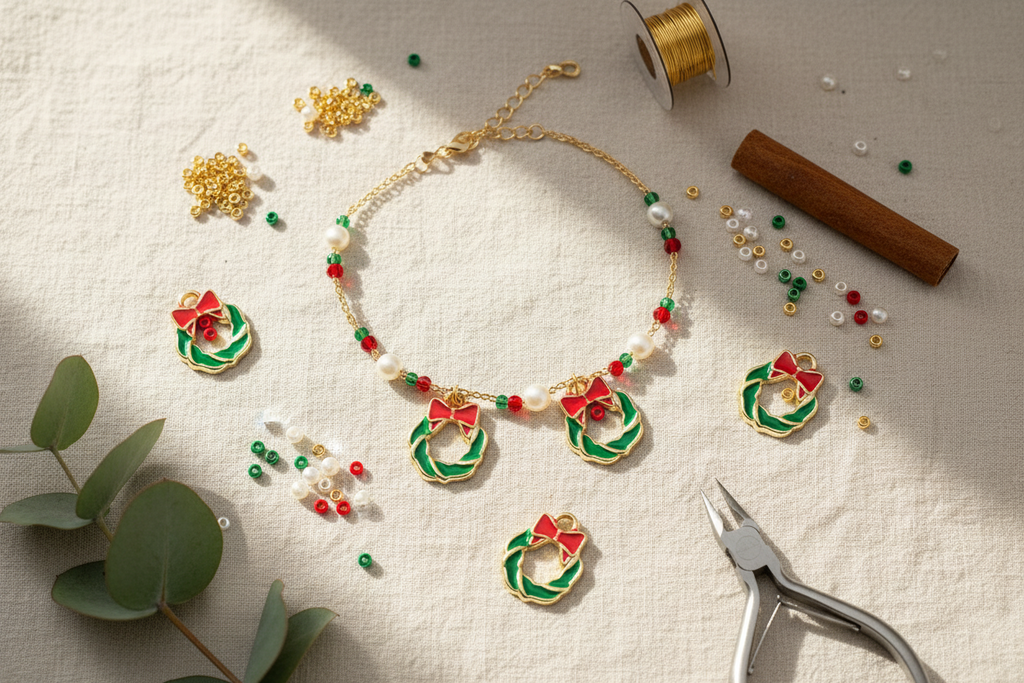 A gold holiday wreath beaded necklace with wreath enamel charms, displayed on a textured cream fabric alongside crafting supplies including beads, a spool of gold thread, pliers, and eucalyptus leaves.