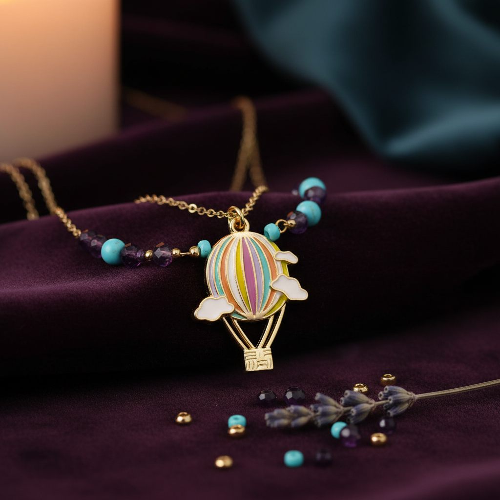 A gold-tone beaded necklace with turquoise and purple beads and a central hot air balloon pendant, styled on a dark purple velvet fabric background.
