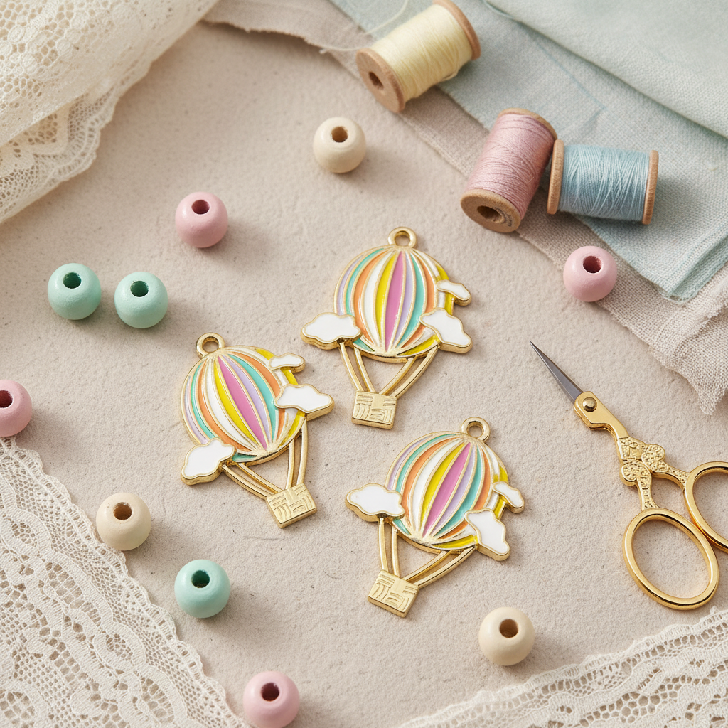 Three gold-tone enamel charms shaped like hot air balloons with pastel pink, yellow, green, and blue stripes, arranged on a soft beige fabric surface with lace, beads, thread, and gold scissors.