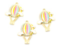 Three gold-plated hot air balloon charms with pastel rainbow stripes and small clouds, arranged on a plain white background.