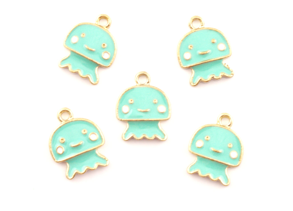 Five mint green jellyfish charms with gold-plated edges and white facial details, arranged on a plain white background.