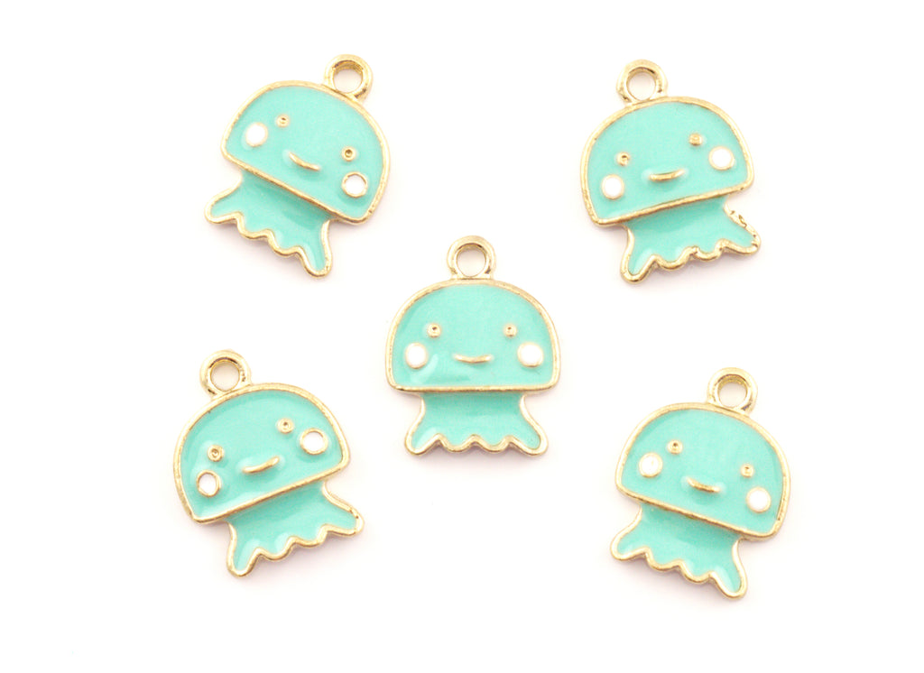 Five mint green jellyfish charms with gold-plated edges and white facial details, arranged on a plain white background.