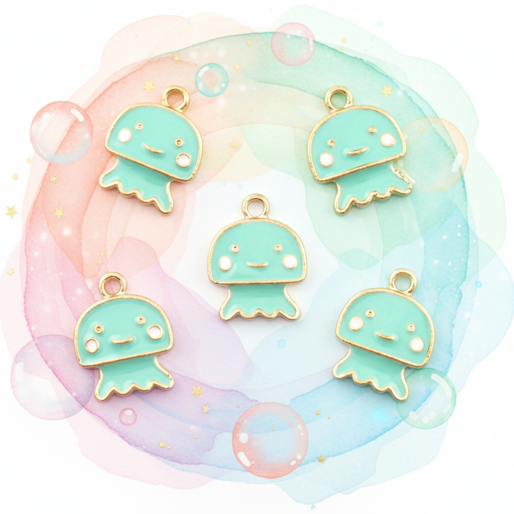 Five mint green jellyfish charms with gold-plated edges and white facial details, arranged on a pastel watercolor background with bubbles and stars.