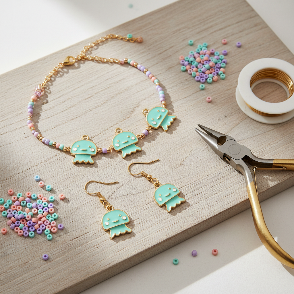 A jewelry-making set featuring gold-plated charms and hooks with mint green jellyfish designs, displayed on a wooden board alongside colorful seed beads, wire, and pliers.