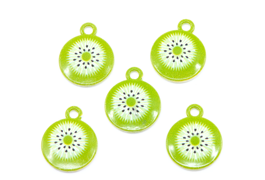 Five round kiwi charms with small hanging loops, shown on a plain white background.