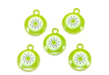 Five round kiwi charms with small hanging loops, shown on a plain white background.