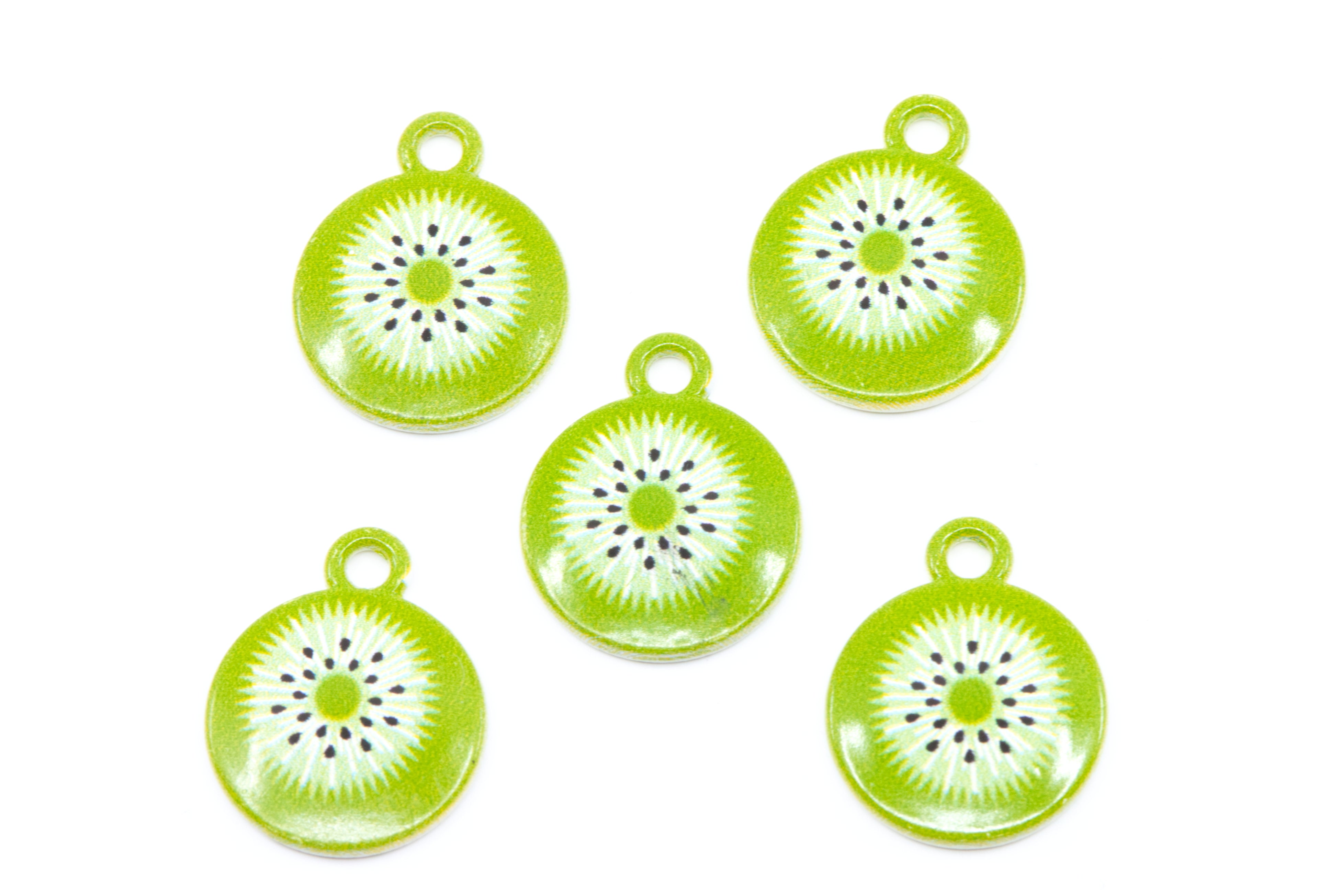 Five round kiwi charms with small hanging loops, shown on a plain white background.