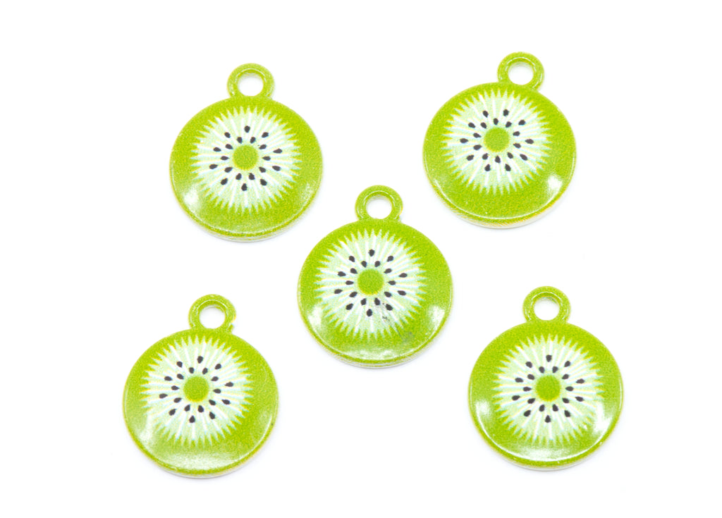 Five round kiwi charms with small hanging loops, shown on a plain white background.