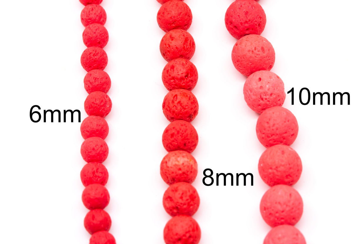 Three strands of red porous lava stone beads shown on a white background, labeled with sizes 6mm, 8mm, and 10mm.